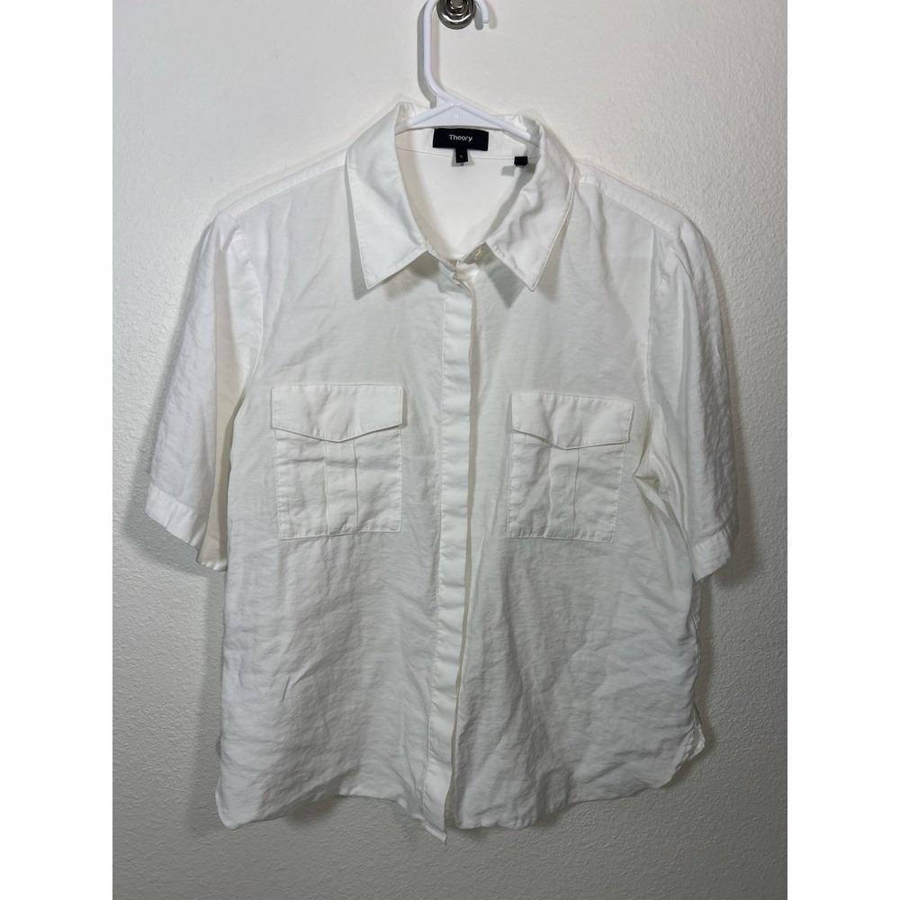 Theory Thea Button Shirt L Pockets Crop Button Down Minimalist Quiet Luxury